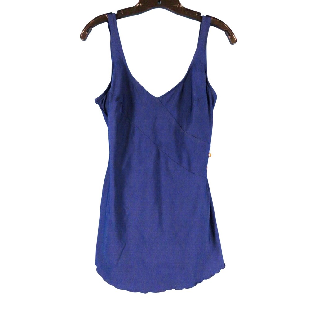 True Vintage ROBBY LEN NAVY BLUE SWIMSUIT 1-Piece SKIRT FRONT Gold Buttons 18 T